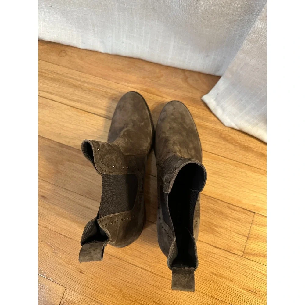 Paul Green Taupe Suede Studded Chelsea Ankle Boots Block Heel Pointed Toe 7.5